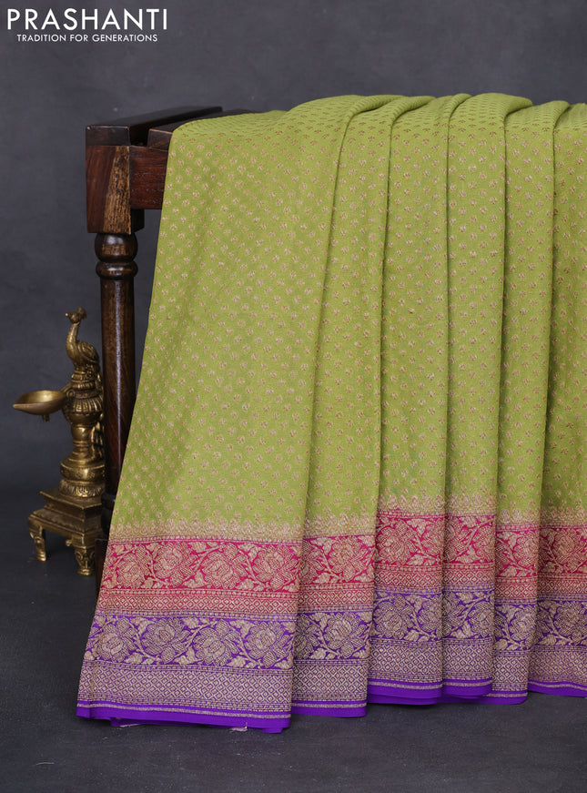 Banarasi georgette saree pista green and pink violet with allover thread & zari woven butta weaves and woven border