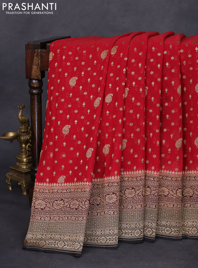 Banarasi georgette saree red and black with allover thread & zari woven butta weave and woven border