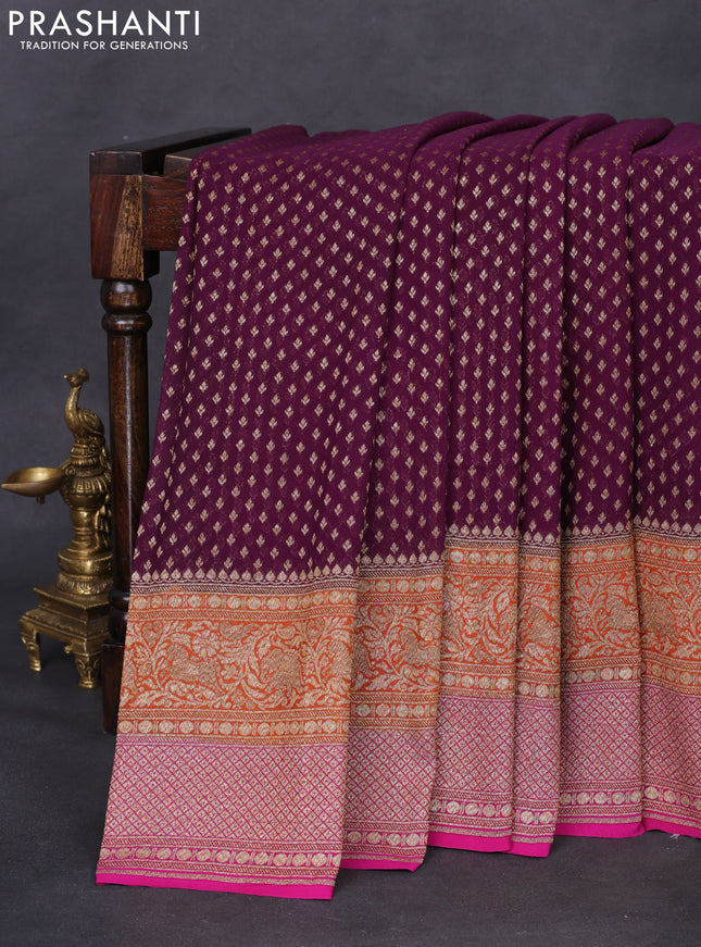 Banarasi georgette saree purple and orange pink with allover thread & zari woven butta weaves and long woven border