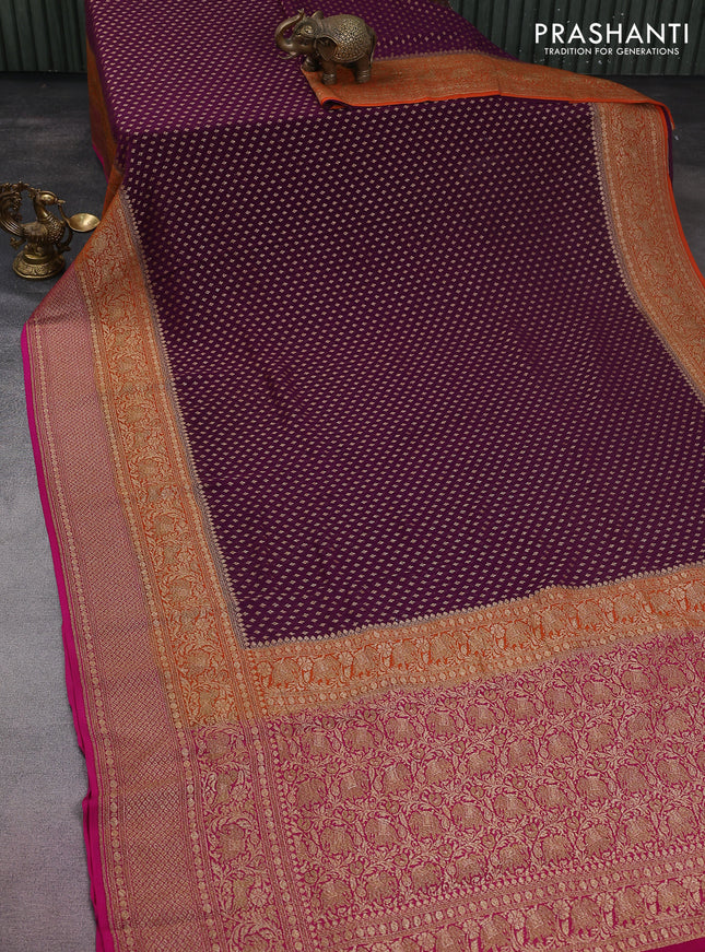 Banarasi georgette saree purple and orange pink with allover thread & zari woven butta weaves and long woven border