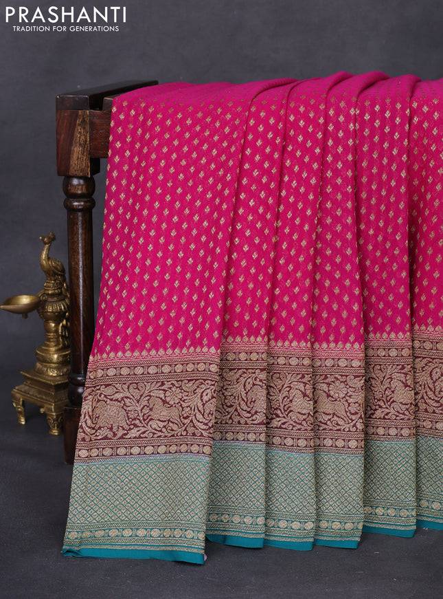 Banarasi georgette saree pink and teal green with allover thread & zari woven butta weaves and long woven border