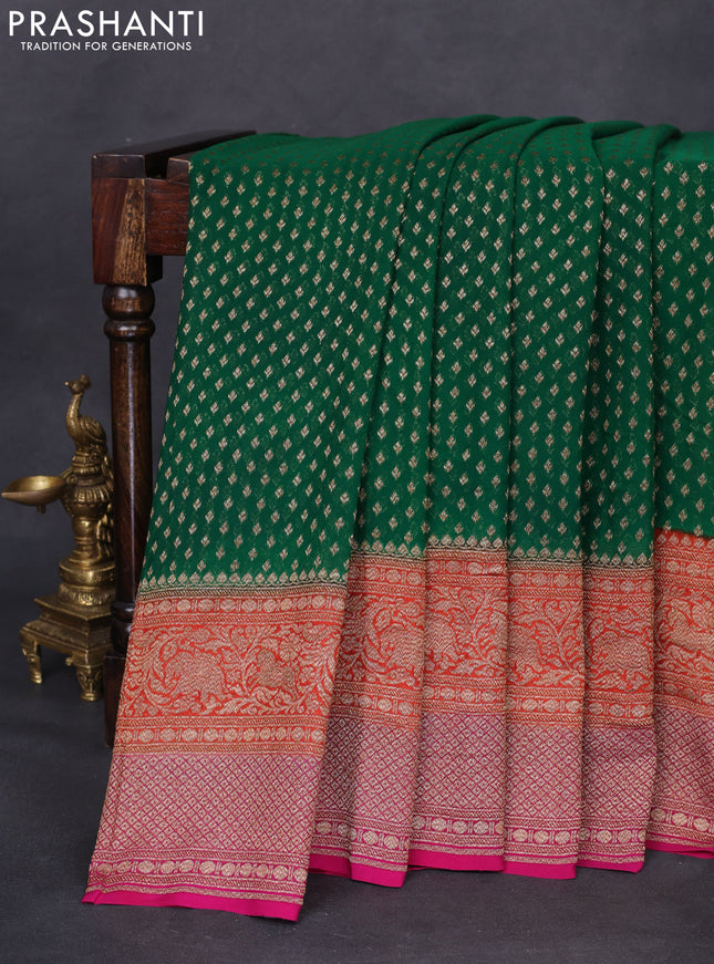 Banarasi georgette saree green and pink with allover thread & zari woven butta weaves and long woven border
