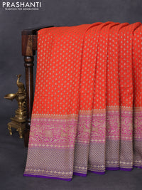 Banarasi georgette saree orange and violet with allover thread & zari woven butta weaves and long woven border