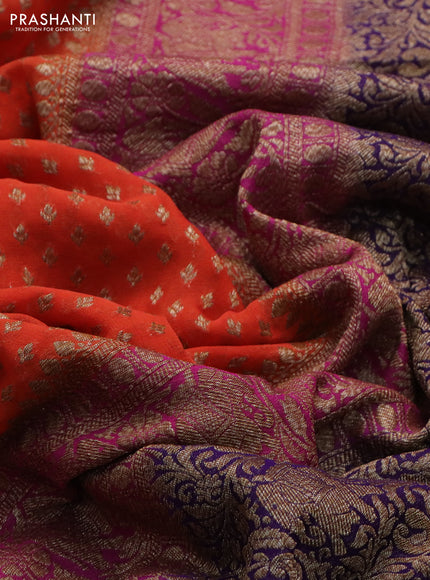 Banarasi georgette saree orange and violet with allover thread & zari woven butta weaves and long woven border