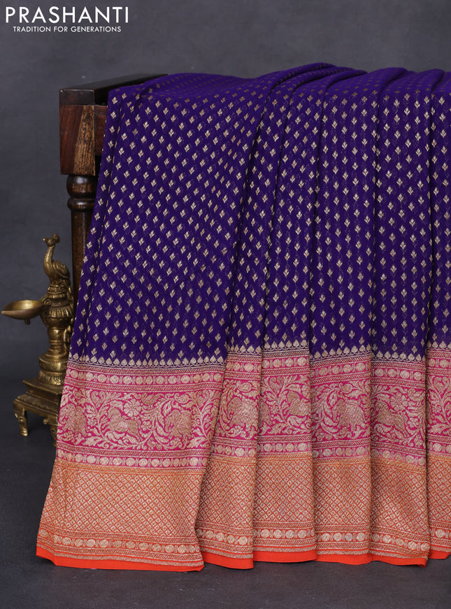 Banarasi georgette saree blue and pink orange with allover thread & zari woven butta weaves and long woven border