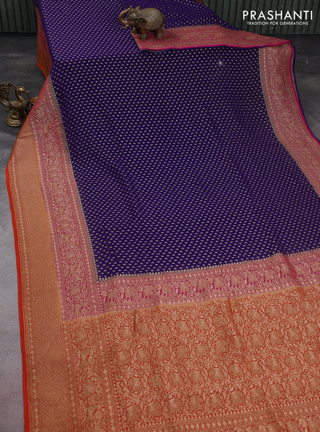Banarasi georgette saree blue and pink orange with allover thread & zari woven butta weaves and long woven border