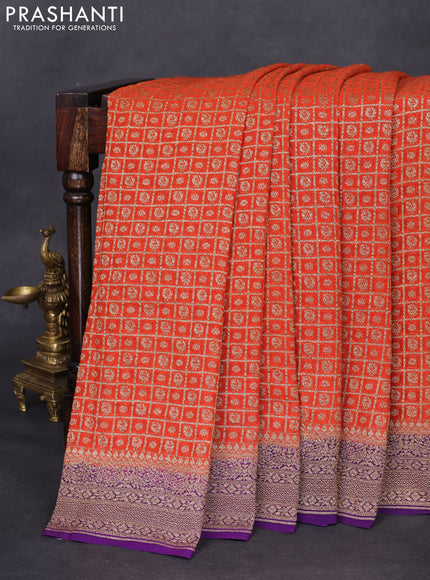 Banarasi georgette saree orange and violet with allover checked pattern & woven buttas and woven border