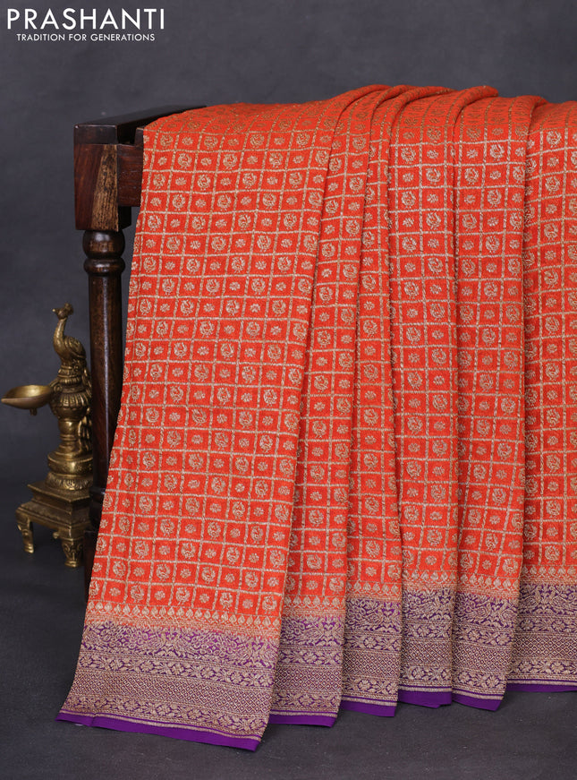 Banarasi georgette saree orange and violet with allover checked pattern & woven buttas and woven border