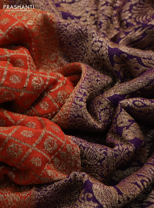 Banarasi georgette saree orange and violet with allover checked pattern & woven buttas and woven border