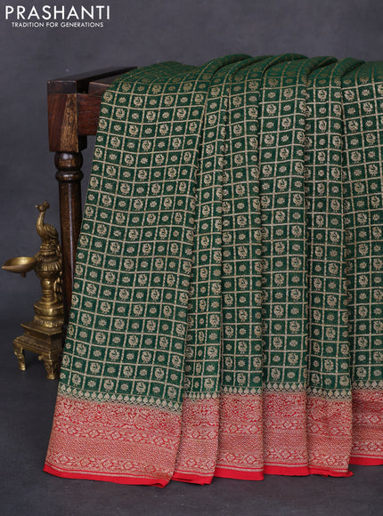 Banarasi georgette saree green and red with allover checked pattern & woven buttas and woven border