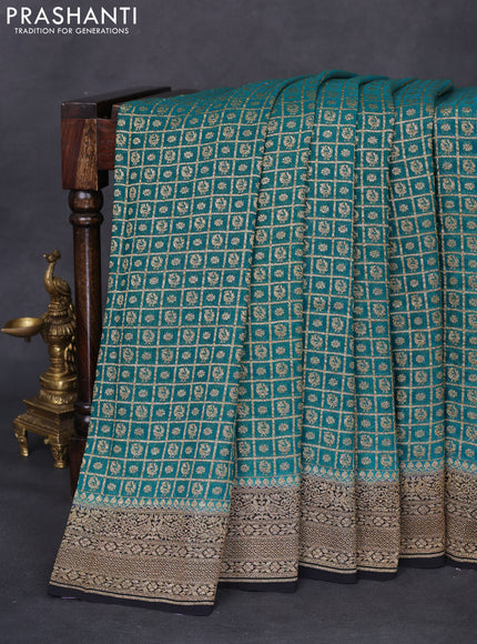 Banarasi georgette saree teal green and black with allover checked pattern & woven buttas and woven border