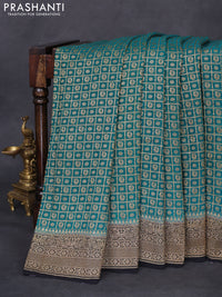 Banarasi georgette saree teal green and black with allover checked pattern & woven buttas and woven border