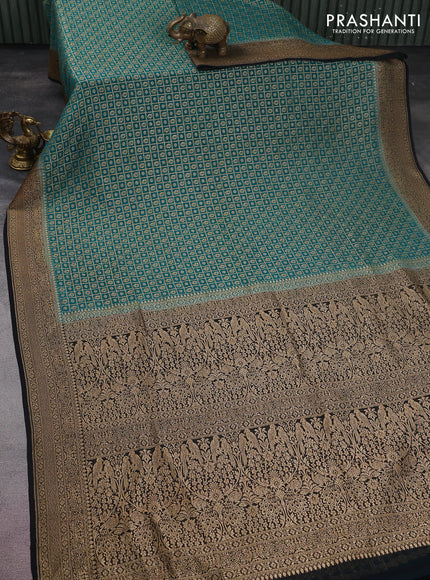 Banarasi georgette saree teal green and black with allover checked pattern & woven buttas and woven border