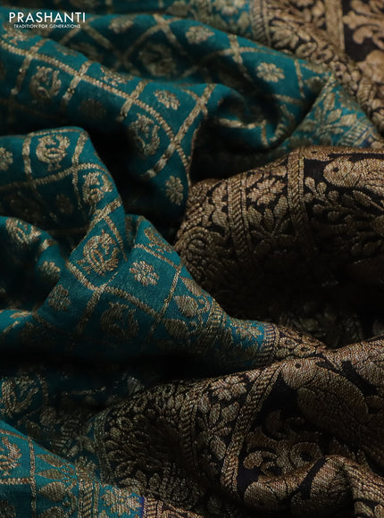 Banarasi georgette saree teal green and black with allover checked pattern & woven buttas and woven border