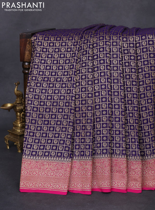 Banarasi georgette saree blue and pink with allover checked pattern & woven buttas and woven border