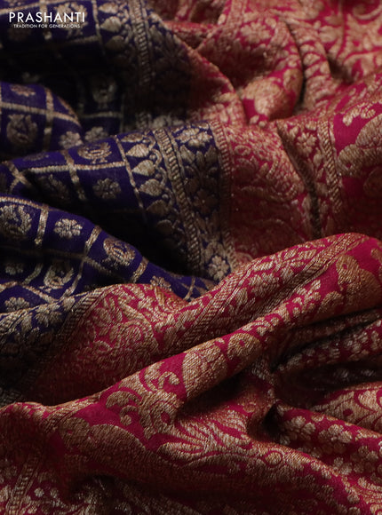 Banarasi georgette saree blue and pink with allover checked pattern & woven buttas and woven border