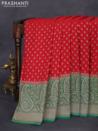 Banarasi georgette saree red and green with allover thread & zari woven butta weaves and long paisley design woven border