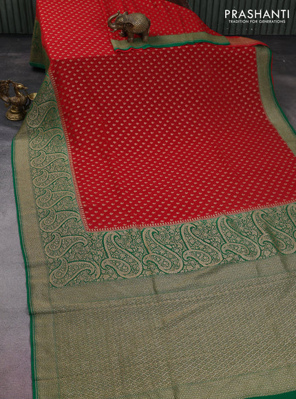 Banarasi georgette saree red and green with allover thread & zari woven butta weaves and long paisley design woven border