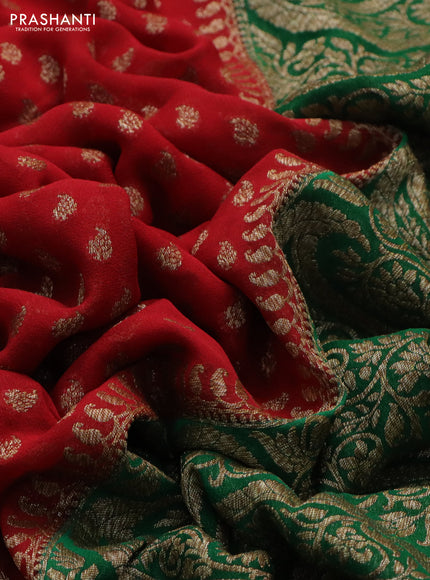 Banarasi georgette saree red and green with allover thread & zari woven butta weaves and long paisley design woven border