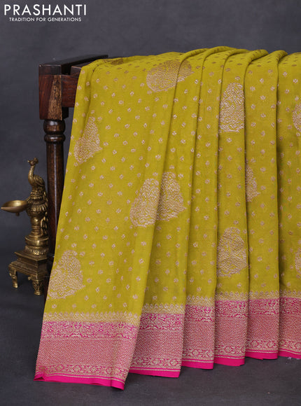 Banarasi georgette saree lime yellow and pink with allover thread & zari woven butta weaves and woven border