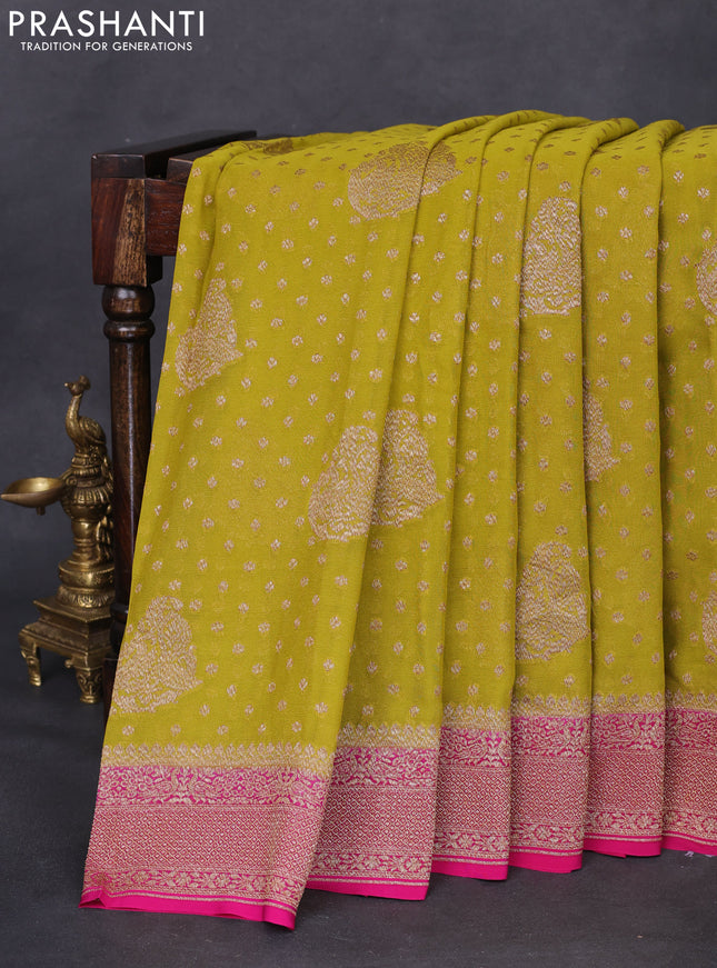 Banarasi georgette saree lime yellow and pink with allover thread & zari woven butta weaves and woven border