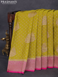Banarasi georgette saree lime yellow and pink with allover thread & zari woven butta weaves and woven border