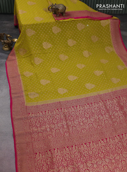Banarasi georgette saree lime yellow and pink with allover thread & zari woven butta weaves and woven border
