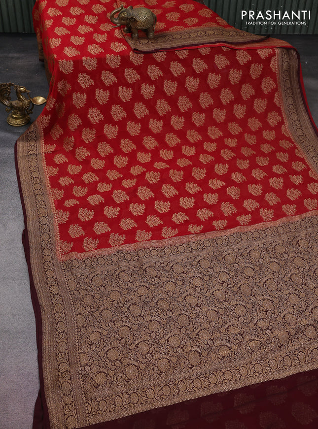 Banarasi georgette saree red and deep maroon with allover thread & zari woven buttas and woven border