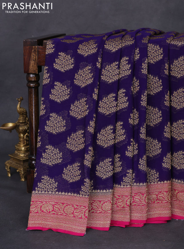 Banarasi georgette saree blue and pink with allover thread & zari woven buttas and woven border