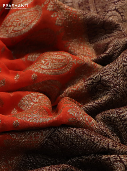 Banarasi georgette saree orange and coffee brown with allover thread & zari woven butta weaves and woven border