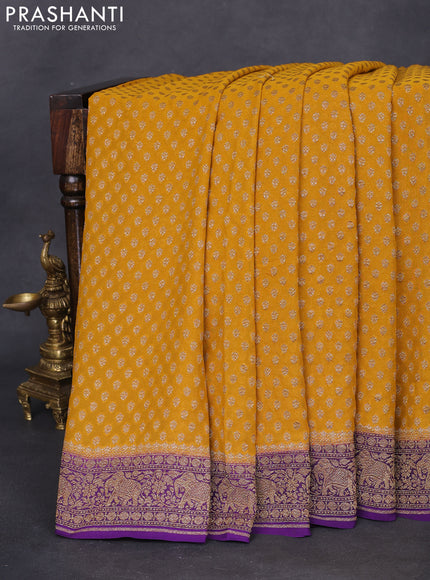 Banarasi georgette saree mustard yellow and purple with allover thread & zari woven butta weaves and woven border