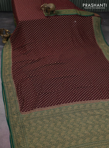 Banarasi georgette saree deep maroon and green with allover thread & zari woven butta weaves and woven border