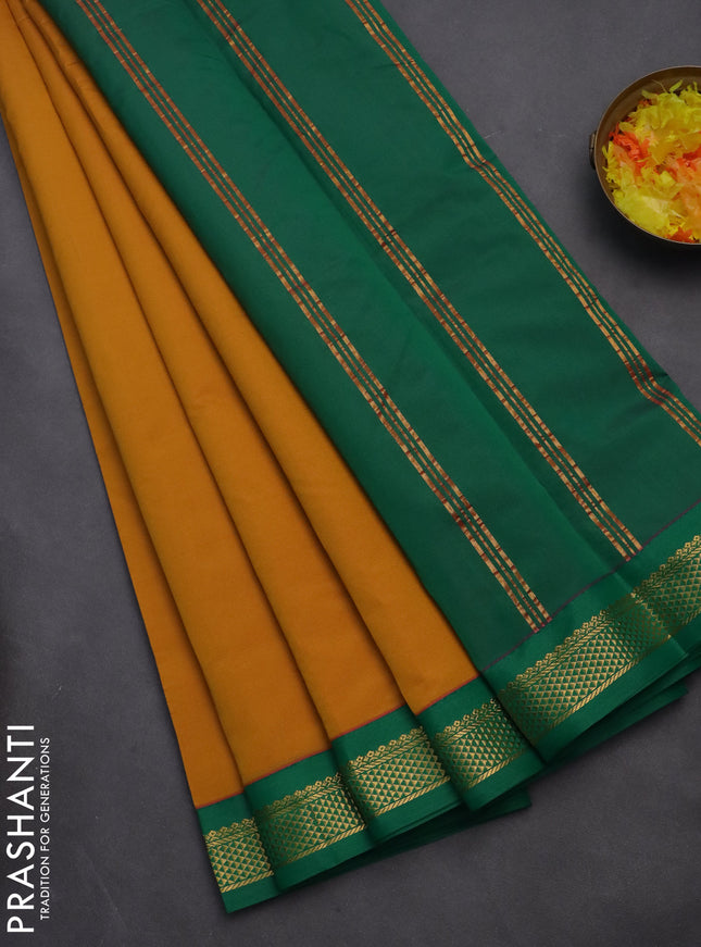 10 yards salem silk saree mustard yellow and green with plain body and zari woven border