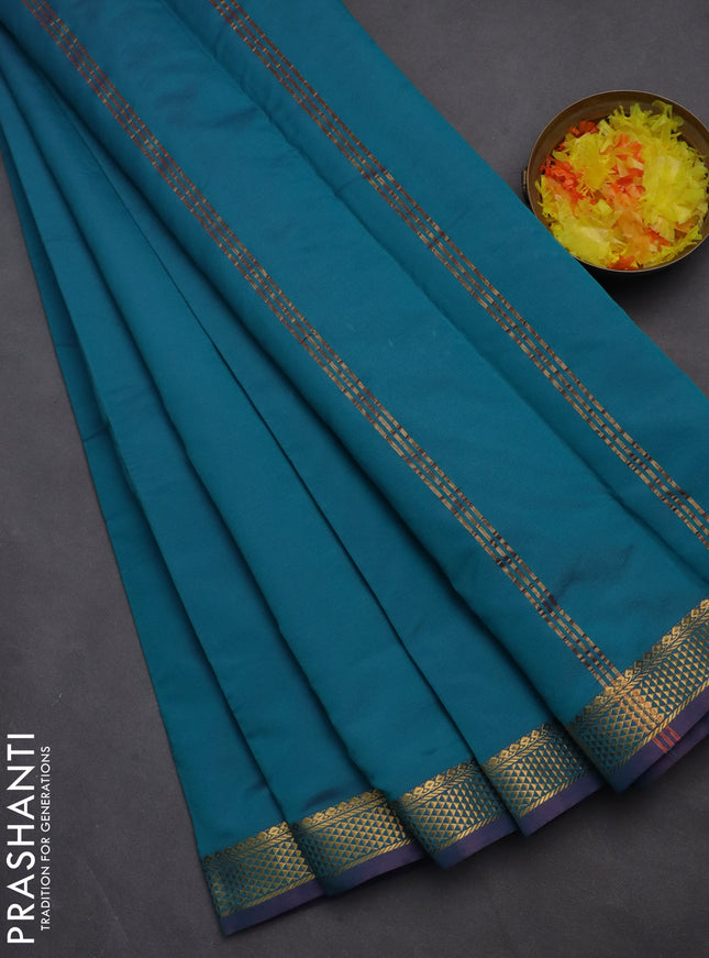 10 yards salem silk saree peacock green with plain body and zari woven border