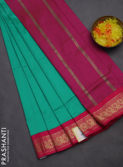 10 yards salem silk saree teal green and pink with plain body and zari woven border