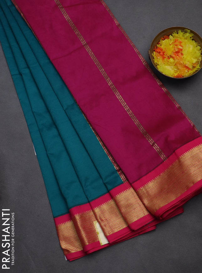 10 yards salem silk saree peacock green and pink with plain body and zari woven border