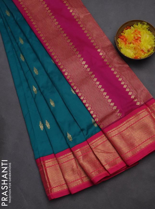 10 yards salem silk saree peacock green and pink with zari woven buttas and zari woven border