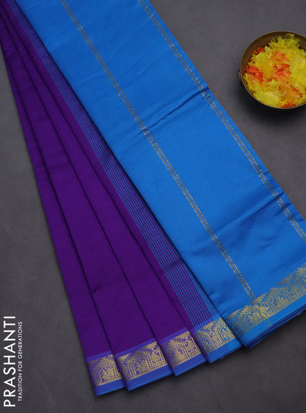 10 yards Poly cotton saree violet and cs blue with plain body and zari woven border