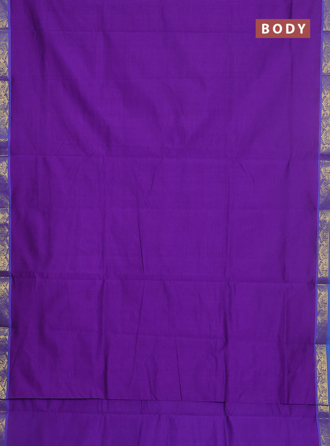 10 yards Poly cotton saree violet and cs blue with plain body and zari woven border