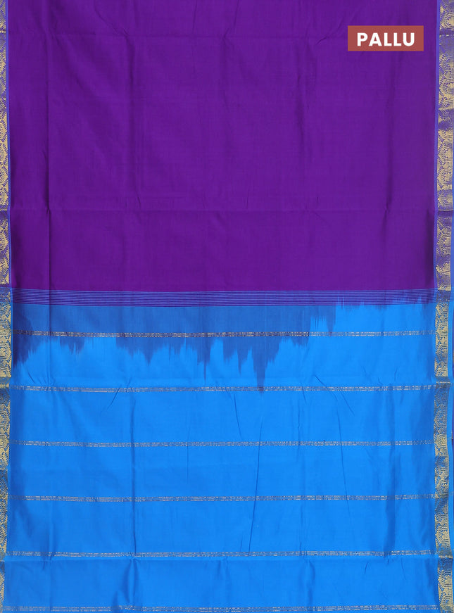 10 yards Poly cotton saree violet and cs blue with plain body and zari woven border