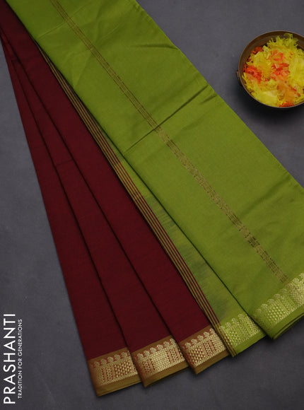 10 yards Poly cotton saree maroon and light green with plain body and zari woven border