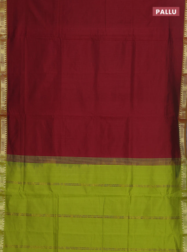 10 yards Poly cotton saree maroon and light green with plain body and zari woven border