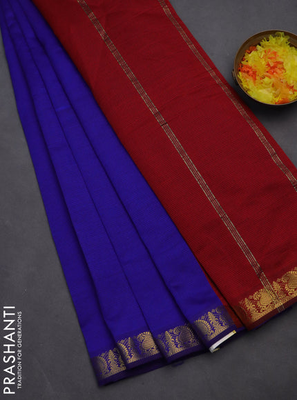 10 yards Poly cotton saree blue and maroon with plain body and zari woven border