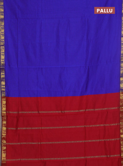 10 yards Poly cotton saree blue and maroon with plain body and zari woven border