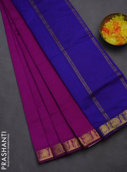 10 yards Poly cotton saree purple and blue with plain body and zari woven border