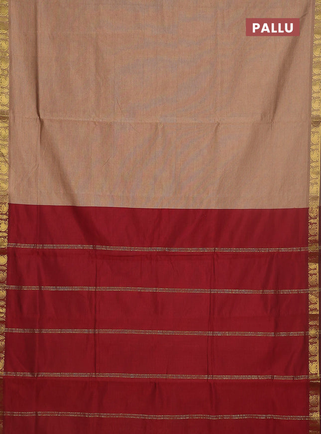 10 yards Poly cotton saree beige and maroon with plain body and zari woven border