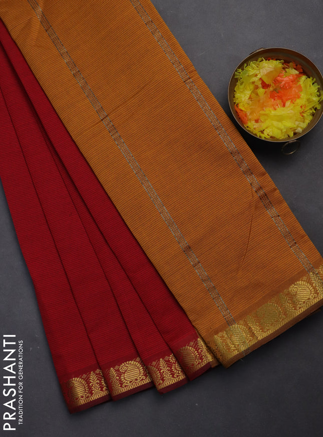 10 yards Poly cotton saree maroon and dark mustard with plain body and zari woven border