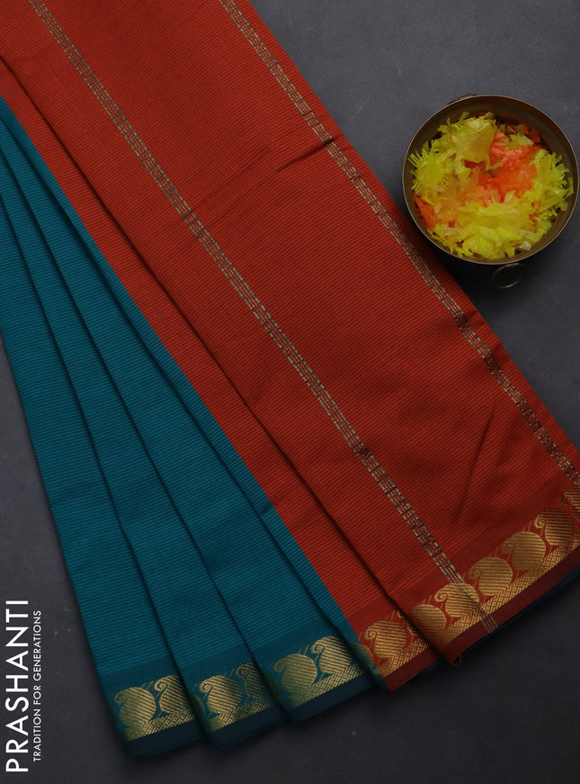 10 yards Poly cotton saree peacock green and orange with plain body and zari woven border