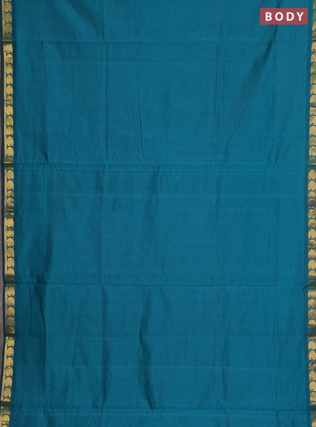 10 yards Poly cotton saree peacock green and orange with plain body and zari woven border