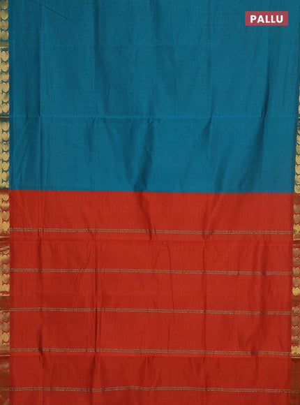 10 yards Poly cotton saree peacock green and orange with plain body and zari woven border